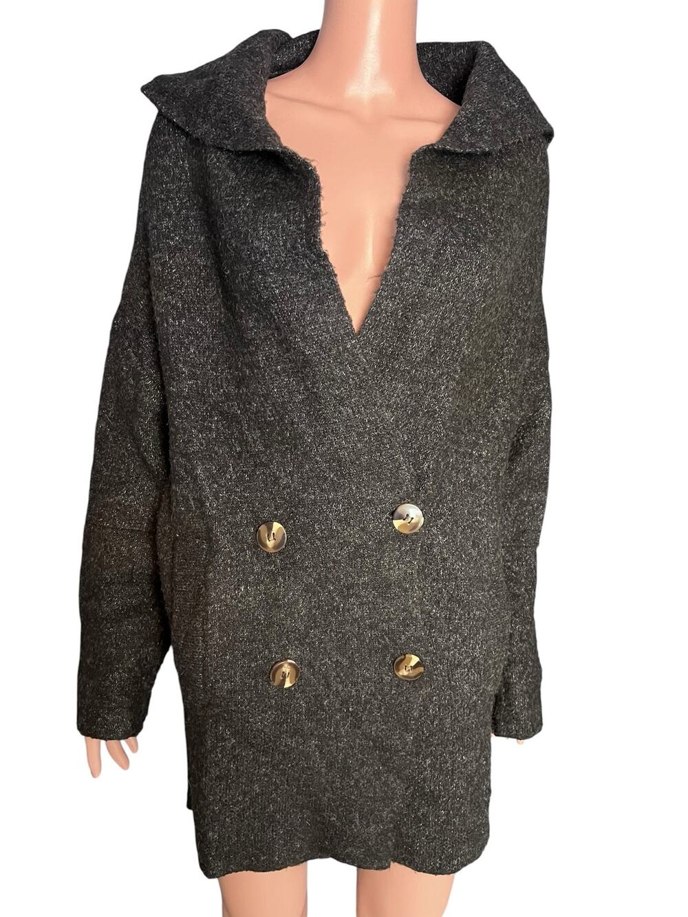 Zara Knit Hooded Sweater Coat S Charcoal Gray Oversized Double Breasted Cardigan
